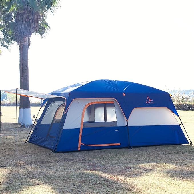 KTT Extra Large Tent 10-12-14 Person(B),Family Cabin Tents,2 Rooms,3 Doors and 3 Windows with Mesh,Straight Wall,Waterproof,Double Layer,Big Tent for Outdoor,Picnic,Camping,Family Gathering