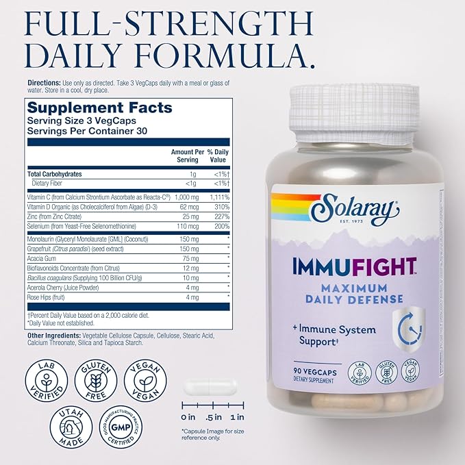 SOLARAY Immufight Maximum Daily Defense, All Day Immune Support, Vitamin C, Vitamin D, Zinc, Probiotics, Monolaurin, Acerola & More, Vegan & Gluten Free, 60 Day Guarantee, 30 Servings, 90 VegCaps