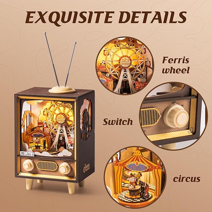 ROBOTIME Wooden Music Box 3D Wooden Puzzles for Adults Ferris Wheel Music Box Model Building Set DIY Book Nook Kit for Hobby Personalized Crafts Gift (Sunset Carnival)