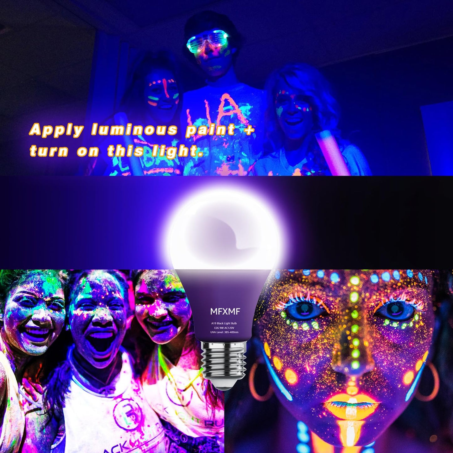 mfxmf A19 LED Black Light Bulbs 12 Pack, 9W (100W Equivalent), UVA 385-400NM, Plastic, Black Light