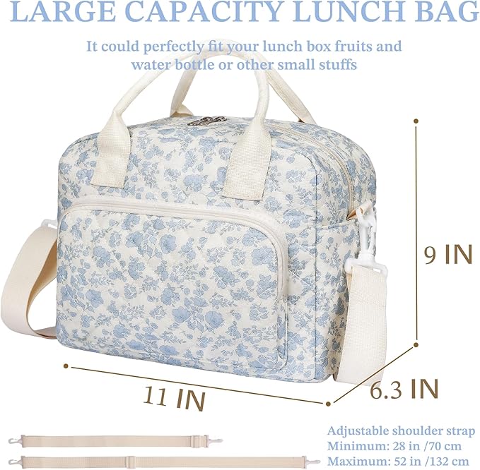 Quilted Lunch Box for Women,Large Blue Floral Insulated Lunch Bag for Adult,Cute Lunch Tote Bags for Work Picnic Travel (Blue Floral,M)