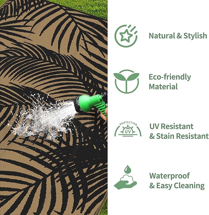 GENIMO Outdoor Rug 9' x 12' Waterproof for Patio Clearance, Reversible Plastic Straw Camping Carpet, Lightweight Mats for Rv, Backyard, Deck, Porch, Picnic, Beach, Balcony, Black & Brown