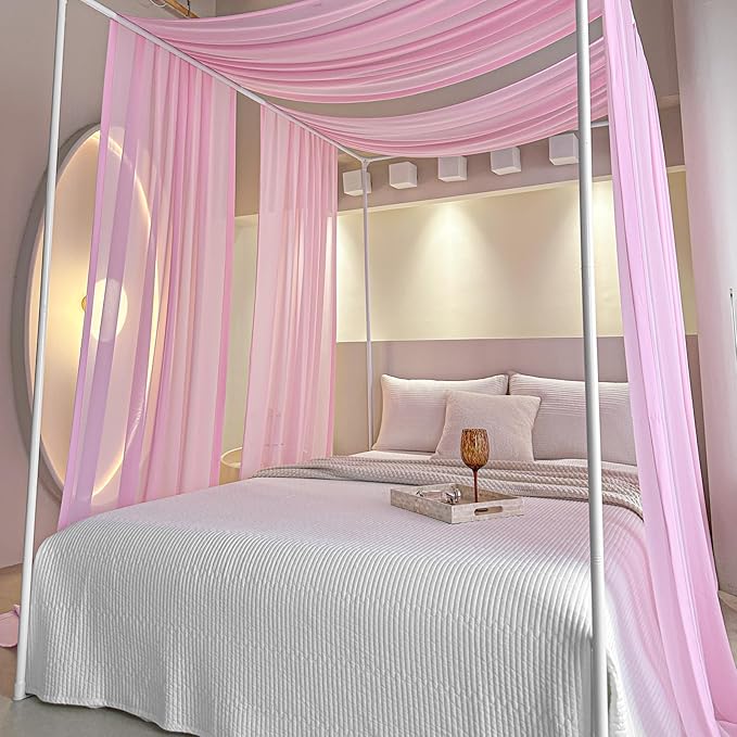 AIKASY Pink Bed Canopy Scarf for King - Luxury Sheer Canopy Bed Curtains with Light - Suitable for Four-Poster Bed, Metal Bed Frame, Wood Bed Frame -2pic