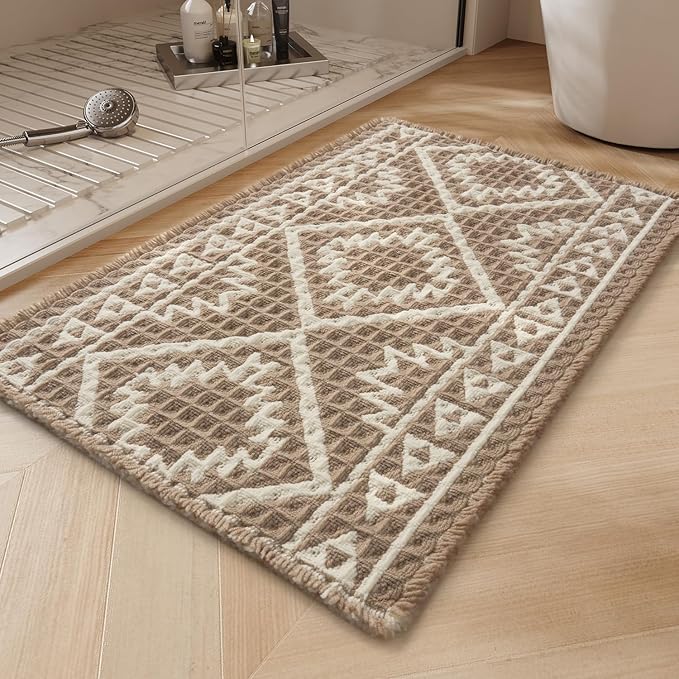 PADOOR-Waffle Bath Mat-Super Absorbent Bath Mats for Bathroom, Machine Washable Non Slip Bathroom Rug with Tassels, Soft B...
