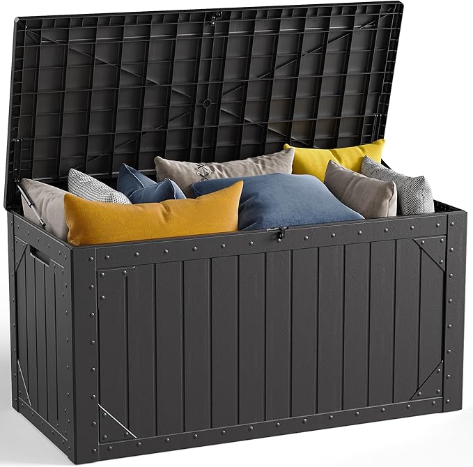 MAKE CHANGES 100 Gallon Outdoor Storage Box, Waterproof Resin Deck Box Organizer for Patio Cushion Storage, Lockable Outsi...