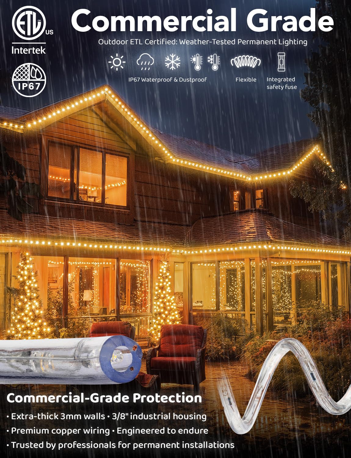 WYZworks LED Rope Lights, 150ft Waterproof, Clear PVC, Warm White, Model AM-LEDROPE-WMWHT-PRE-150FT, Outdoor Holiday Decorative Lighting