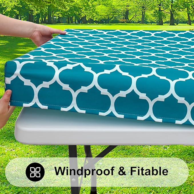 Smiry Rectangle Picnic Table Cover, Waterproof Elastic Fitted Camping Tablecloths for 6 Foot Tables, Wipeable Flannel Backed Vinyl Tablecloth Protector for Indoor, Outdoor (Turquoise, 30x72 Inches)