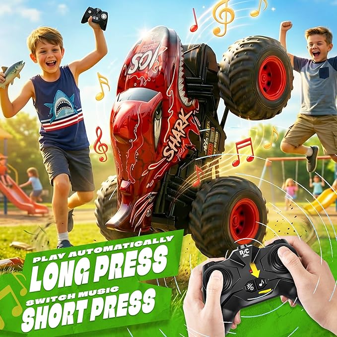 BEZGAR Monster Truck Toys - Remote Control Monster Truck with Light & Music, Dinosaur Toys for Kids, 1:20 Scale RC Truck with 360° Spins and Drifting, Remote Control Car for Boys 4-7 Red