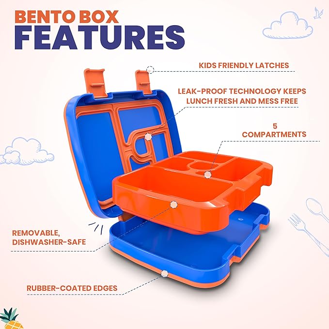 YOLAY Bento Box for Kids Lunch Box Leak-Proof, 5-Compartment Lunch Box Kids for Ages 3-10, Durable with Anti-Slip Base, Suitable for Schools, Outdoor and Travel (Mermaid) (Robo)