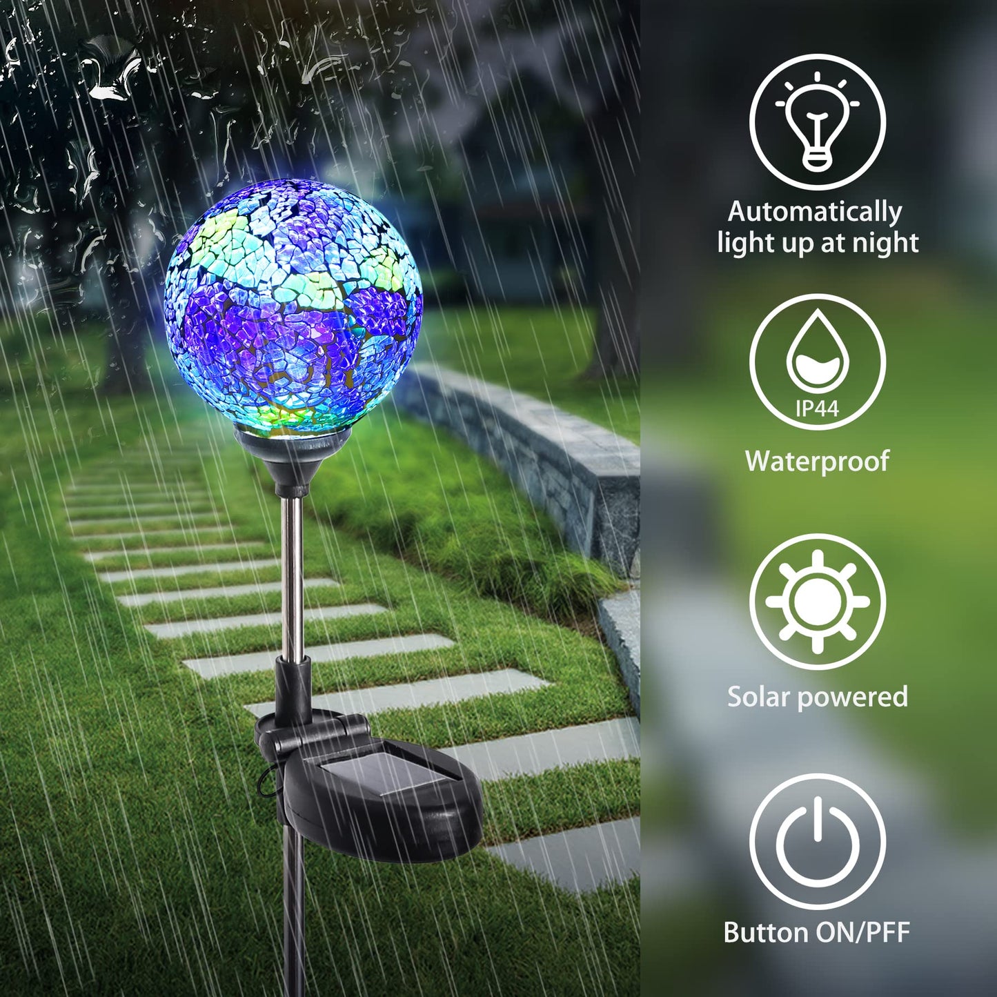 WNP Outdoor Mosaic Solar Light Stake Decor - Waterproof LED Garden Light, Blue Glass Ball