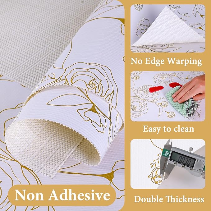 Shelf Liners for Kitchen Cabinets 17.5in x 20FT Non Adhesive Drawer Liner Gold Floral Thickened Shelf Liner Paper Strong Non-Slip Easy to Clean for Tool Box Refrigerator with Knife and Tape Measure