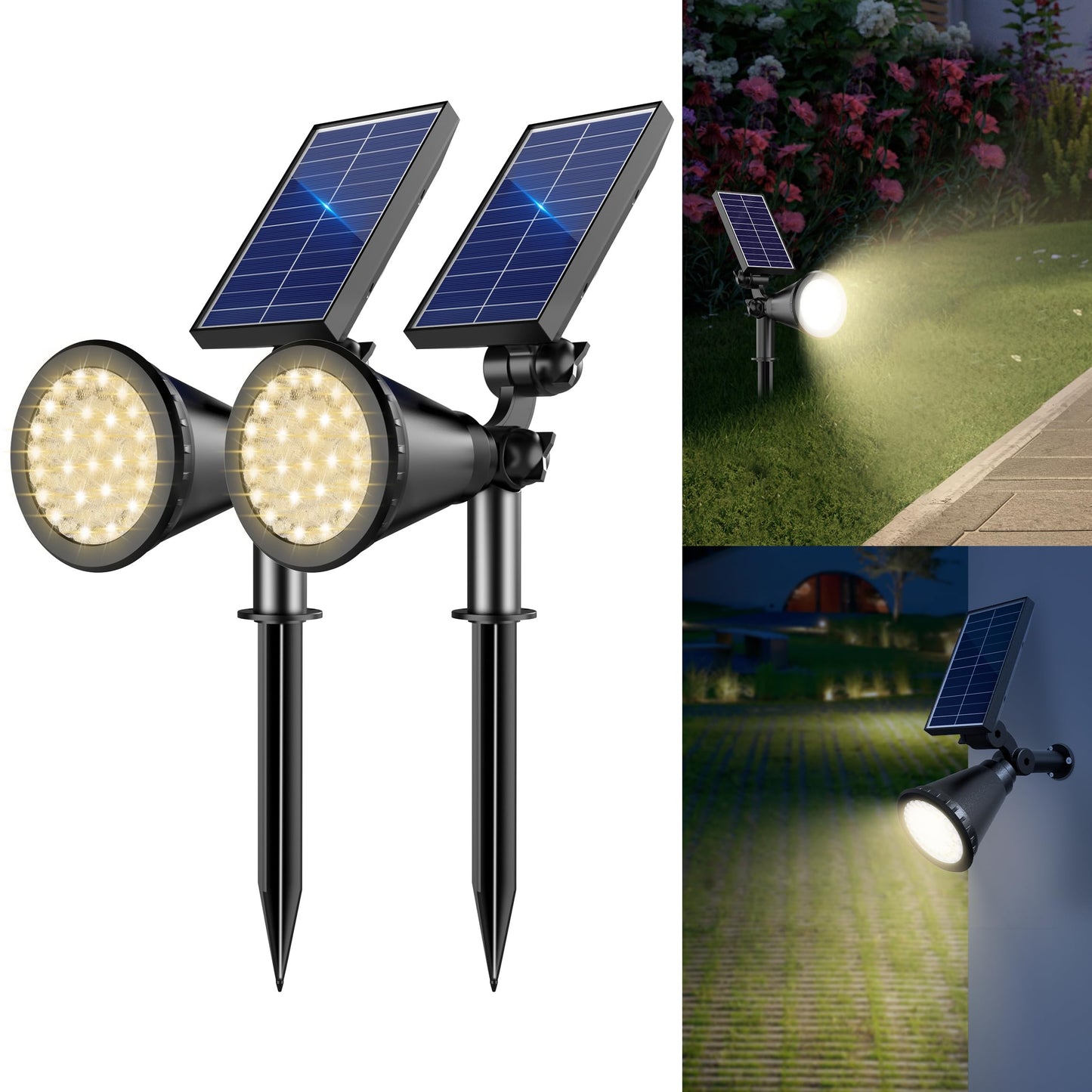 Apomao Solar Spot Lights Outdoor  36 Leds Solar Landscape Lighting With 2200Mah  Outdoor Lights Auto On/Off 2-In-1 Wall Or Ground Solar Powered For Yard Garden- 2 Pack (Warm White)