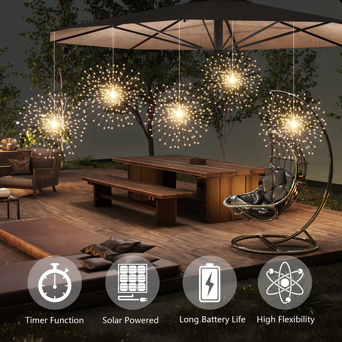 PXBNIUYA Solar Starburst Sphere Lights, 200 LED, 8 Modes, Waterproof, 5 Pack with Remote, Warm White