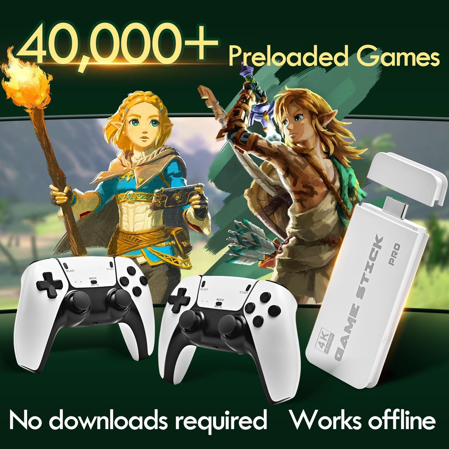2025 Game Stick 4K 40,000 Games, Retro Gaming Console with Built-in 23 Emulators, HDMI Output, 64G TF Card, 2 Wireless Controllers, Plug and Play