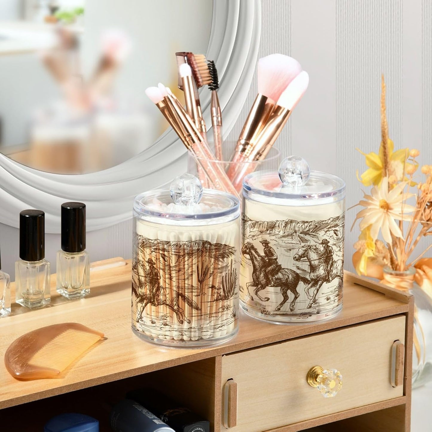 2 Pack Qtip Holder Organizer Dispenser Western Desert Cowboy Bathroom Storage Canister Cotton Ball Holder Container for Cotton Swabs/Pads/Floss
