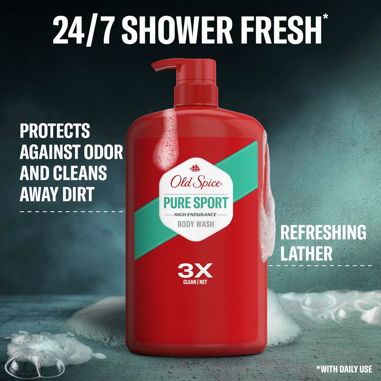 Old Spice Refreshing Body Wash for Men, High Endurance, 3X Defense, 24/7 Shower Fresh with Long Lasting Scent, Pure Sport Scent,