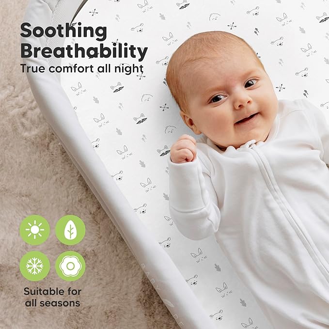 2-Pack Organic Bassinet Sheets for Girls, Boys - 100% Cotton Bassinet Mattress Sheets Compatible with Halo Bassinest Swivel Sleeper, Graco, Baby Delight, Chicco, Unisex Fitted Bassinet Sheets (Nordic)