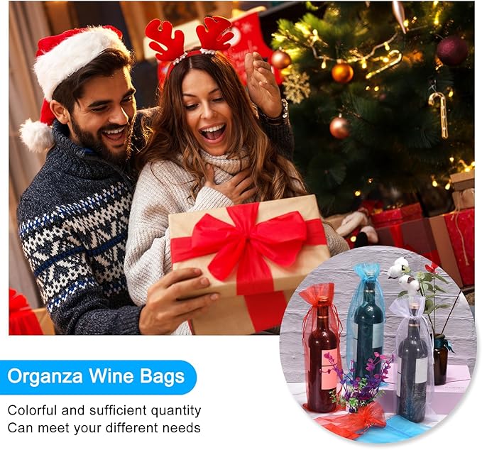 uxcell Organza Wine Bags, 12PCS 14.5 x 5.5 In Light Blue Sheer Mesh Organza Wine Wrapping Bags With Drawstring Wine Gift Pouches for Bottle Birthday, Wedding Party