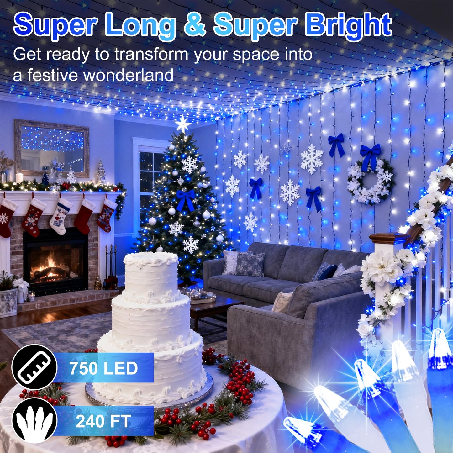 750 Led 240Ft Christmas String Lights Outdoor  12 Pro Modes And Timer Memory & Brightness  Plug In Outdoor Waterproof Clear Wire Twinkle Light For For Xmas Yard Tree Wedding Party Decor (Blue & White)