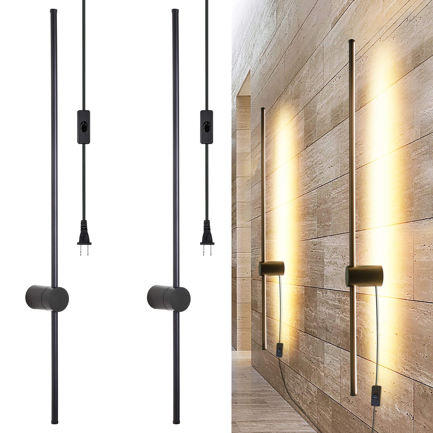 Ditoon Modern Wall Sconces Set of Two, Gold Plug-in LED Light, RC Dimmable, Aluminum, 39.4in Brass, Model DI2316JA100x2d