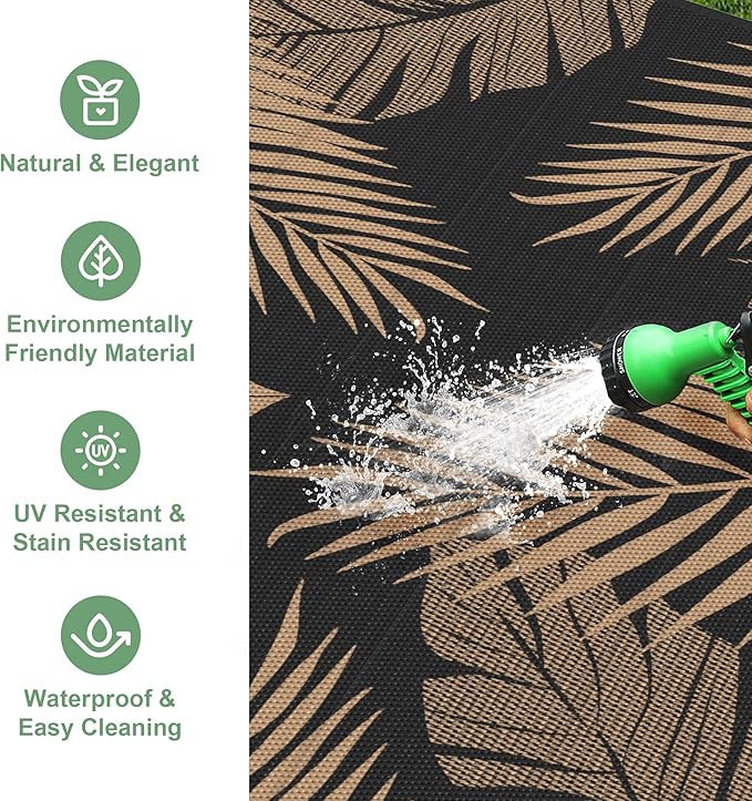 Outdoor Rug 6' x 9' for Patio Waterproof Clearance, Reversible Indoor Outdoor Plastic Straw Camping Rug Carpet, RV Mat, Large Area Rug for Deck, Backyard, Balcony, Porch, Beach, Black and Brown