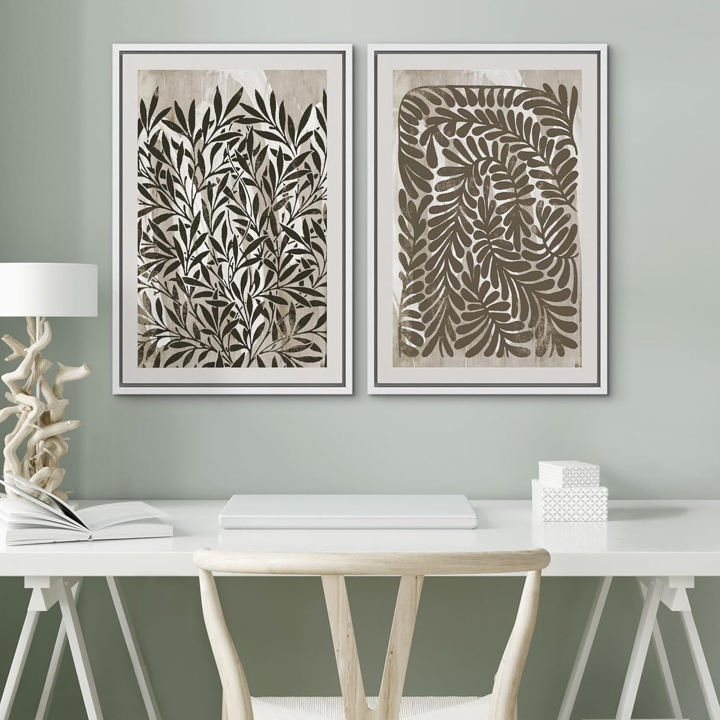 SIGNWIN Framed Canvas Print Wall Art Modern Botanical Abstract Black and Beige Leaf Illustrations Decorative for Living Room, Bedroom, Office - 16"x24"x2 White