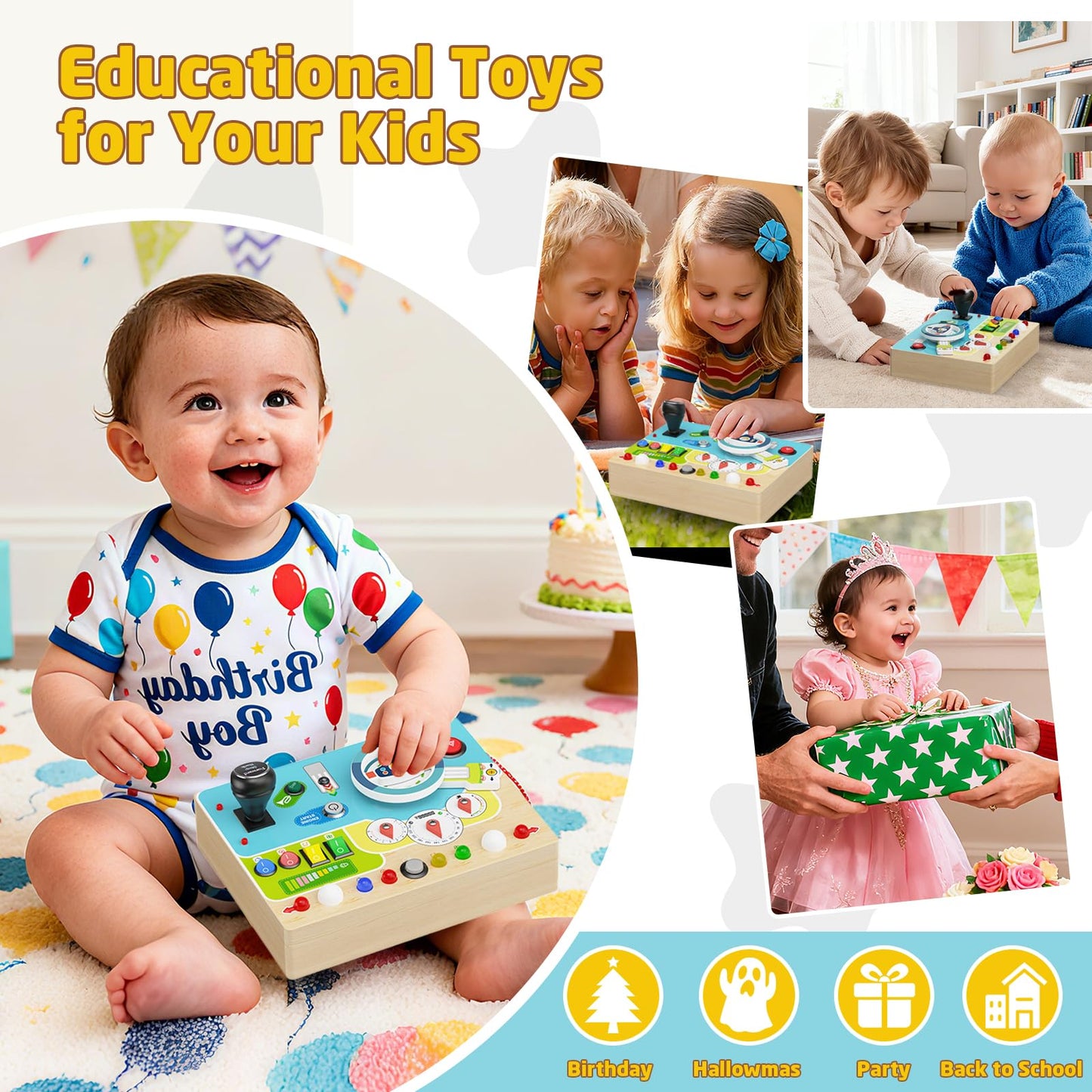 Busy Board With Led Light - Montessori Busy Board Wooden Sensory Toys for Toddlers 1 2 3 Years Old, Educational Baby Fidget Boards Toy, Creative Birthday Christmas Gifts for 1-3 2-3 3-4 Year Old Boys