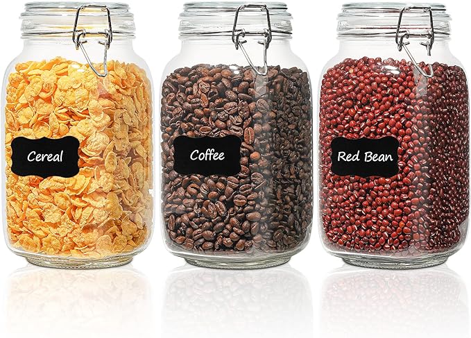 ComSaf Airtight Glass Canister Set of 3 with Lids 51oz Clear Food Storage Jars Square, Kitchen & Pantry Organization Food Storage Container for Canning, Sugar, Flour, Pasta, Candy, Cereal, Coffee
