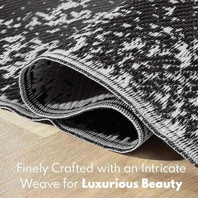 Waterproof Outdoor Rug 5x8 ft, Reversible Plastic Straw Rug, Easy to Clean Patio Rug, Portable Carpet for Patio, RV, Deck, Balcony, Backyard, Picnic, Beach, Mosaic, Gray
