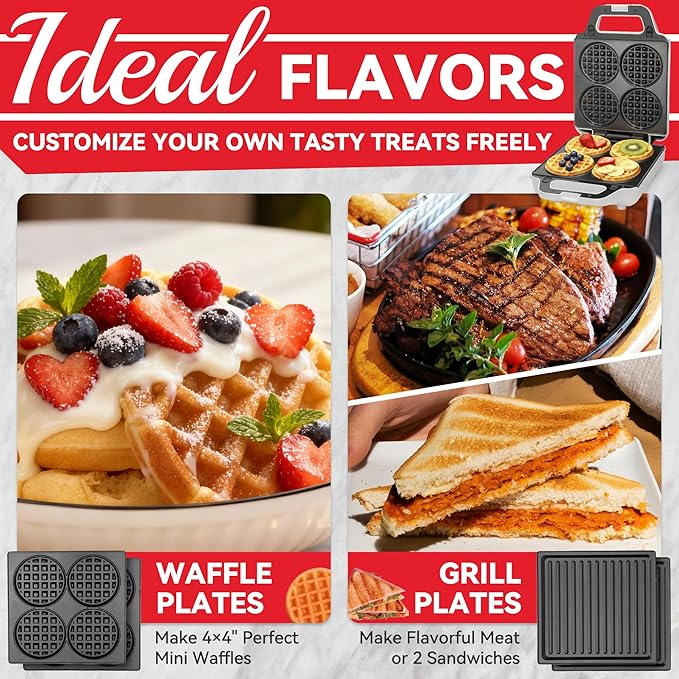 2 in 1 Mini Waffle Maker with Removable Plates, Panini Press Sandwich Maker, Sandwich Press, Waflera Electrica, Sandwichera Electrica, 4 X 4 Inch Classic Waffle Maker for Kids, White