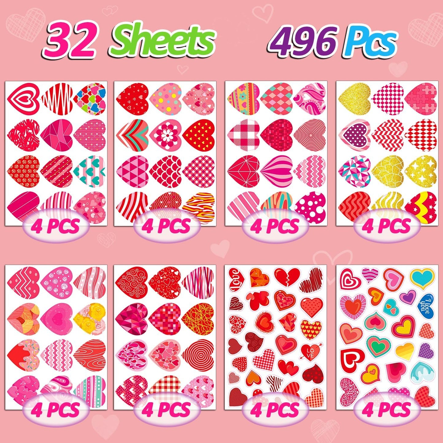 Valentines Stickers, 32 Sheets Cute Heart Stickers, Valentines Day Sticker for Kids, Class Gifts for Kids Classroom School, Crafts Party Favors Decoration