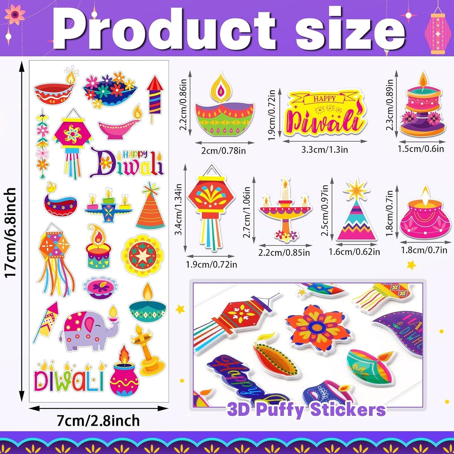 UPINS Happy Diwali Stickers, Foam 3D Puffy Stickers Assorted Lanterns Peacocks Elephants Diwali Sticker Bulk for Diwali Party Favors Scrapbooking Crafts Rewards(12 Sheets)