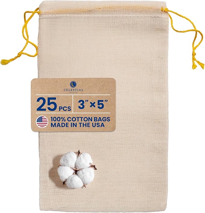 Celestial Gifts Muslin Bags - Double Drawstring Bags Small 25pcs - 3x5, Reusable Tea, Jewelry, Gift, Spice and Sachet Bag - 100% Cotton - Made in USA - (Natural Hem & Yellow Double Drawstring)