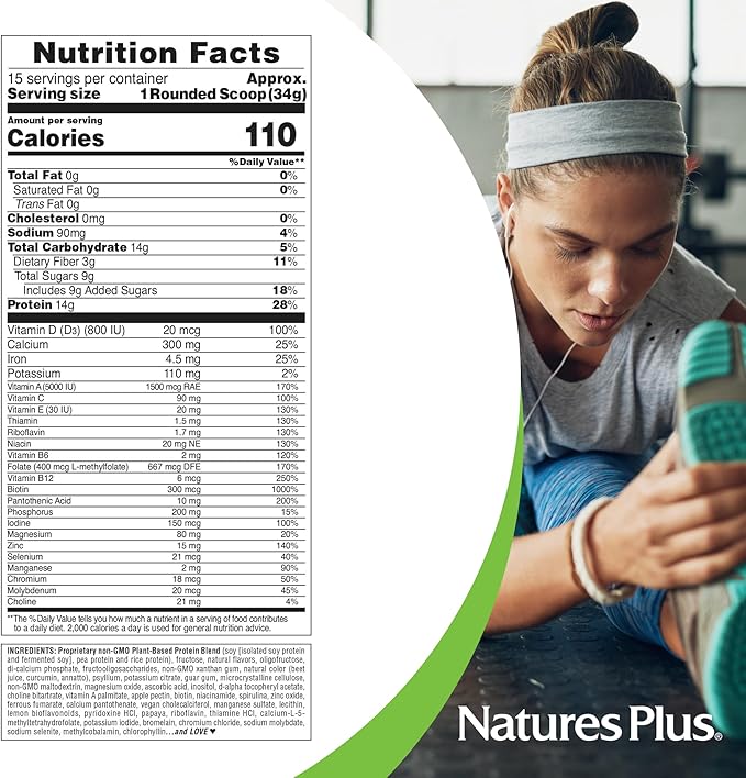 NaturesPlus SPIRU-TEIN Shake - Peaches & Cream Flavor - 1.1 lbs, Spirulina Protein Powder - Plant Based Meal Replacement, Vitamins & Minerals For Energy - Vegetarian, Gluten-Free - 15 Servings