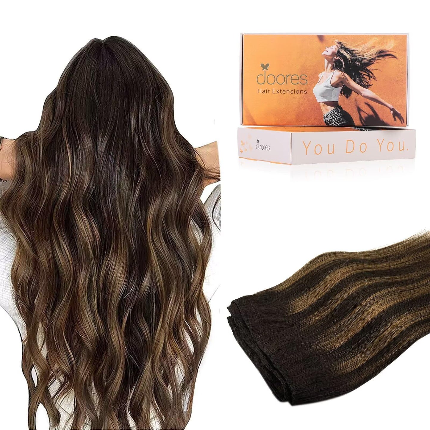 DOORES Sew in Real Hair Extensions for Women, 20 Inch 100g Balayage Light Brown to Light Chocolate Brown and Light Chestnut Brow