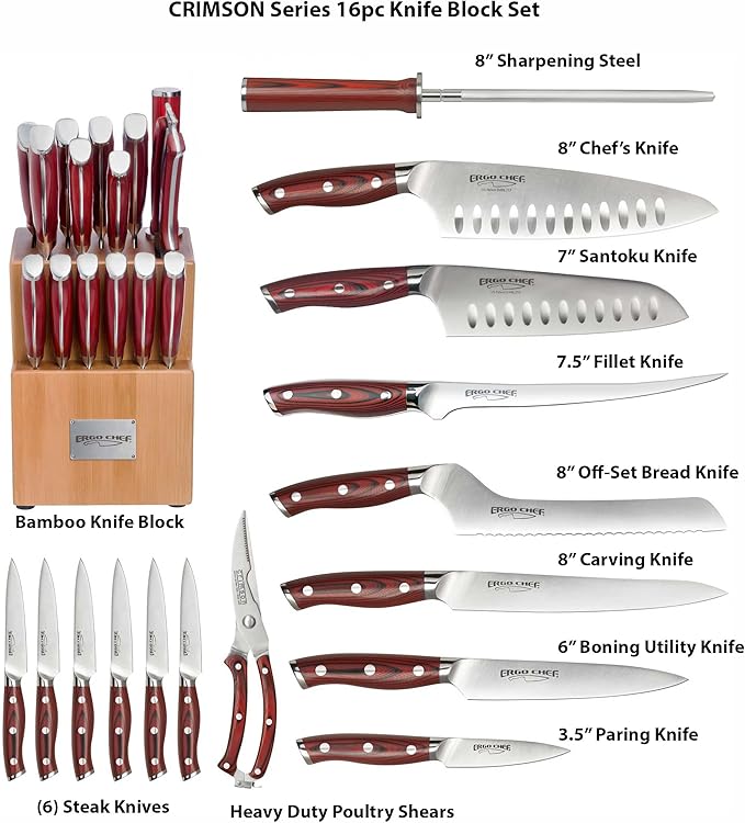 Ergo Chef Crimson Series Bamboo Block knife Set Forged High Carbon X50CrMoV15 German Stainless-Steel, Full Tang, G10 Handles (16pc. Block Set)