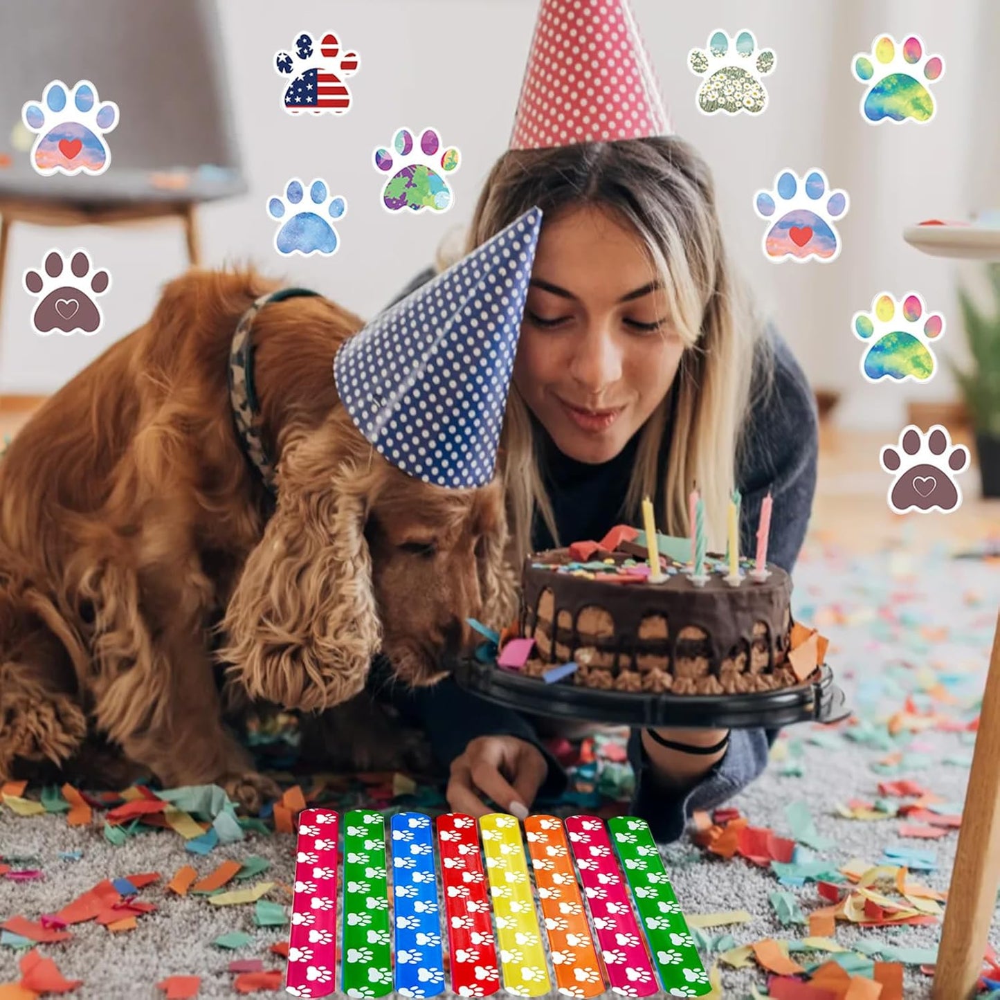 74Pcs Dog Claw ThemeParty Favors Contain 24 Pcs Dog Claw Slap Bracelets 50 Pcs DogClaw Stickers, Birthday Party Decorations,Classroom Rewards Supplies