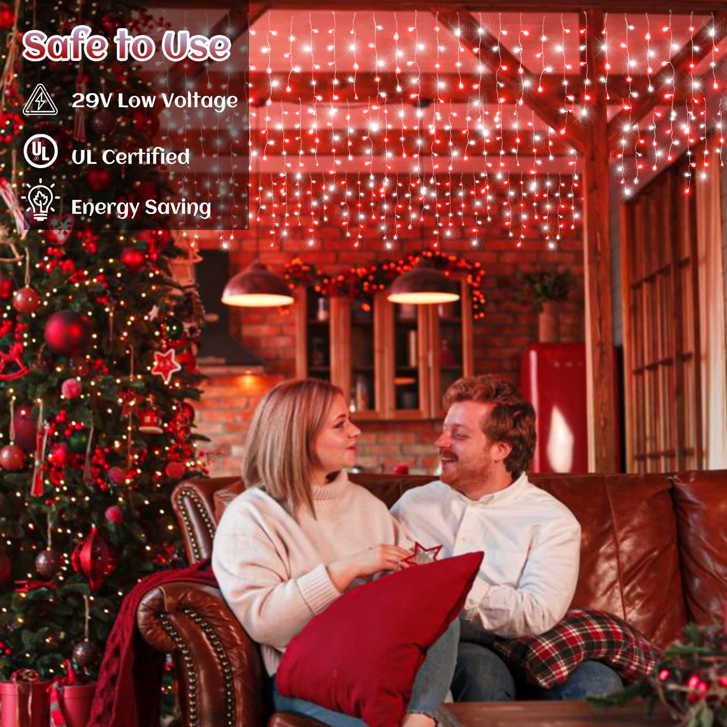 132Ft Icicle Lights For Outside  Red And White Christmas Lights Outdoor Indoor  1280 Led Twinkle With 240 Drops Short Curtain For Thanksgiving Room Home Wall Bedroom Window Decoration