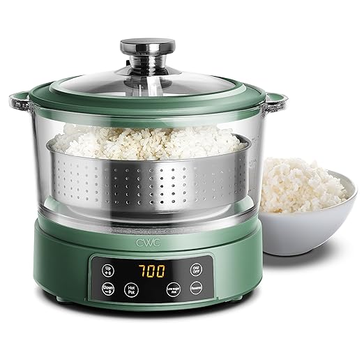 COOK WITH COLOR 3L Glass Mini Low Carb Rice Cooker – Holds 2 Cups Raw/Makes 6 Cups Cooked with Auto Lift Filter Basket, Hotpot & Steamer for Rice, Grains, Digital Panel with Keep Warm, Dark Sage