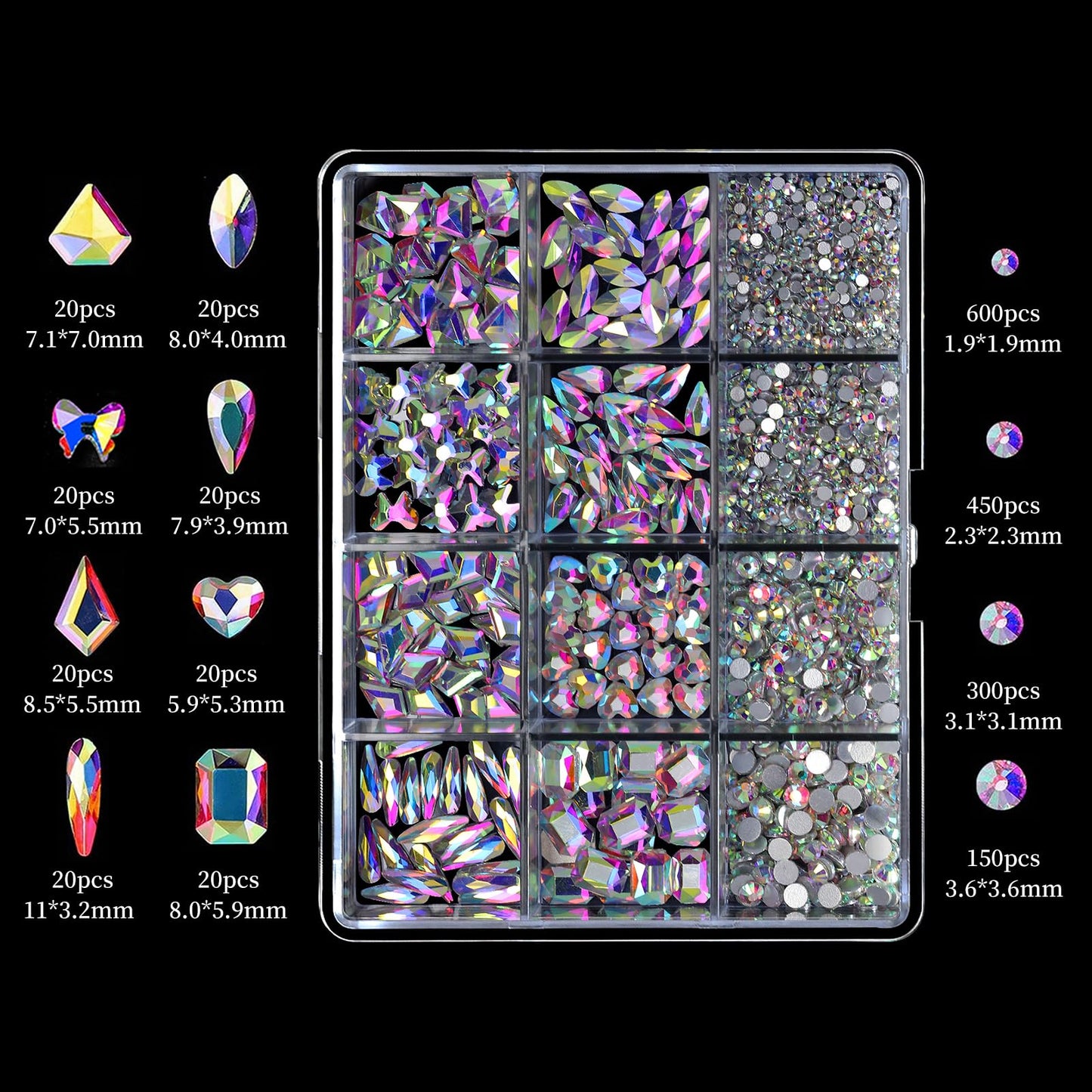 Cycullinyt 1660Pcs Crystal AB Nail Art Rhinestones: 8 Types of Multi Shapes Diamonds + 4 Sizes Flatback DIY Crafts Rhinestone Cr