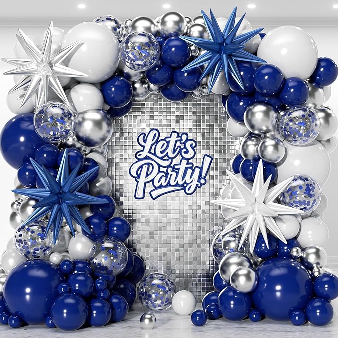 PTGOLUO 153Pcs Navy Blue and Silver Balloons Garland Arch Kit with Stars -22 18 12 10 5 inch Different Size Royal Blue Whi...