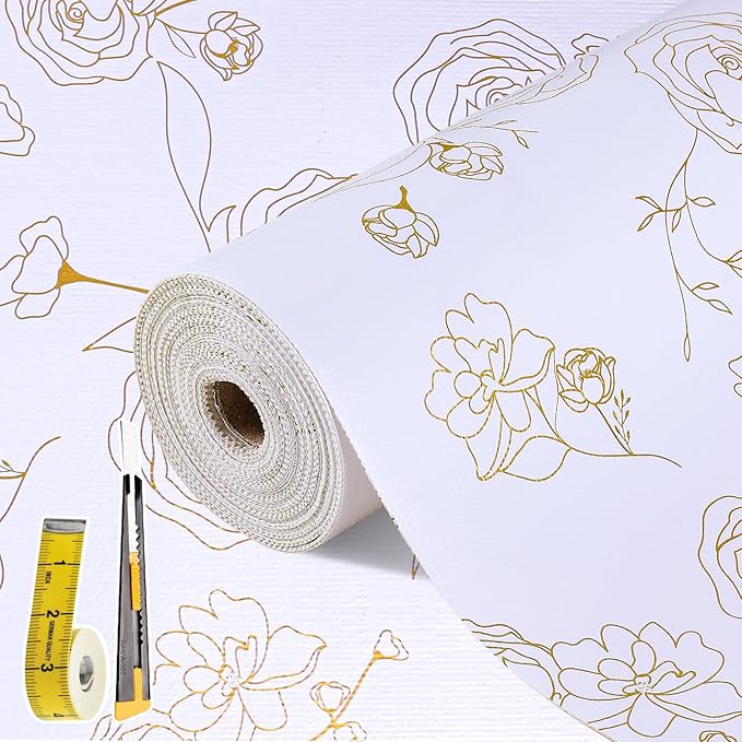 Shelf Liners for Kitchen Cabinets Non Adhesive Drawer Liner 23.6in x 30FT Gold Floral Thickened Shelf Liner Paper Strong Non-Slip Easy to Clean for Tool Box Refrigerator