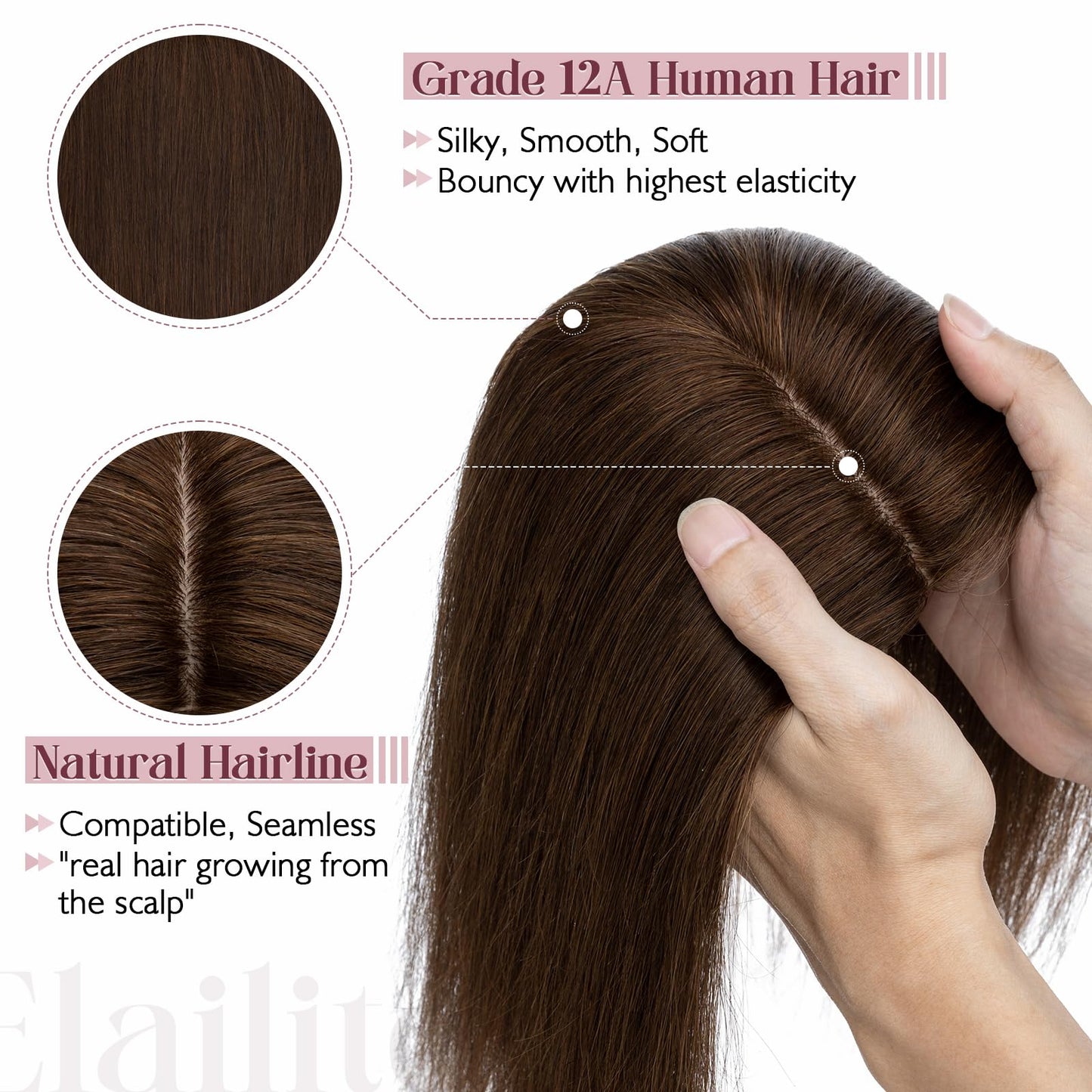 Elailite Hair Toppers for Women Real Human Hair Topper Thinning Thin 5.1x2.8 Silk Base Clip in Remy Hairpieces 14 Inch Chocolate
