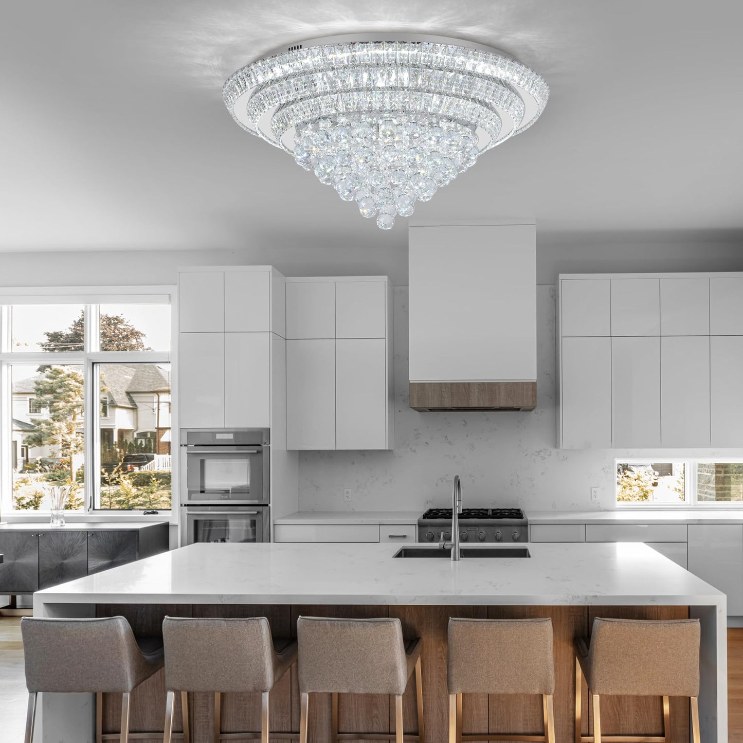 Miuyhji LED Crystal Raindrop Ceiling Light, 30in Dimmable Flush Mount Chandelier, Silver, SUS304/K9 Crystal, Remote Control
