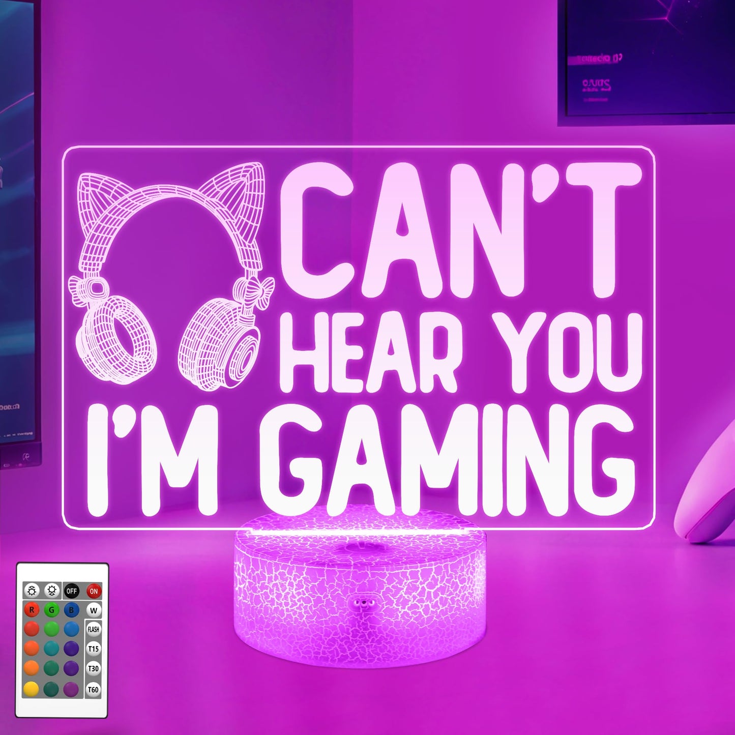 YuanDian 3D Illusion Gaming Night Light, Remote Control, 16 Colors, Cat Ear Headphones, Model FS-2810-9999, Acrylic Material