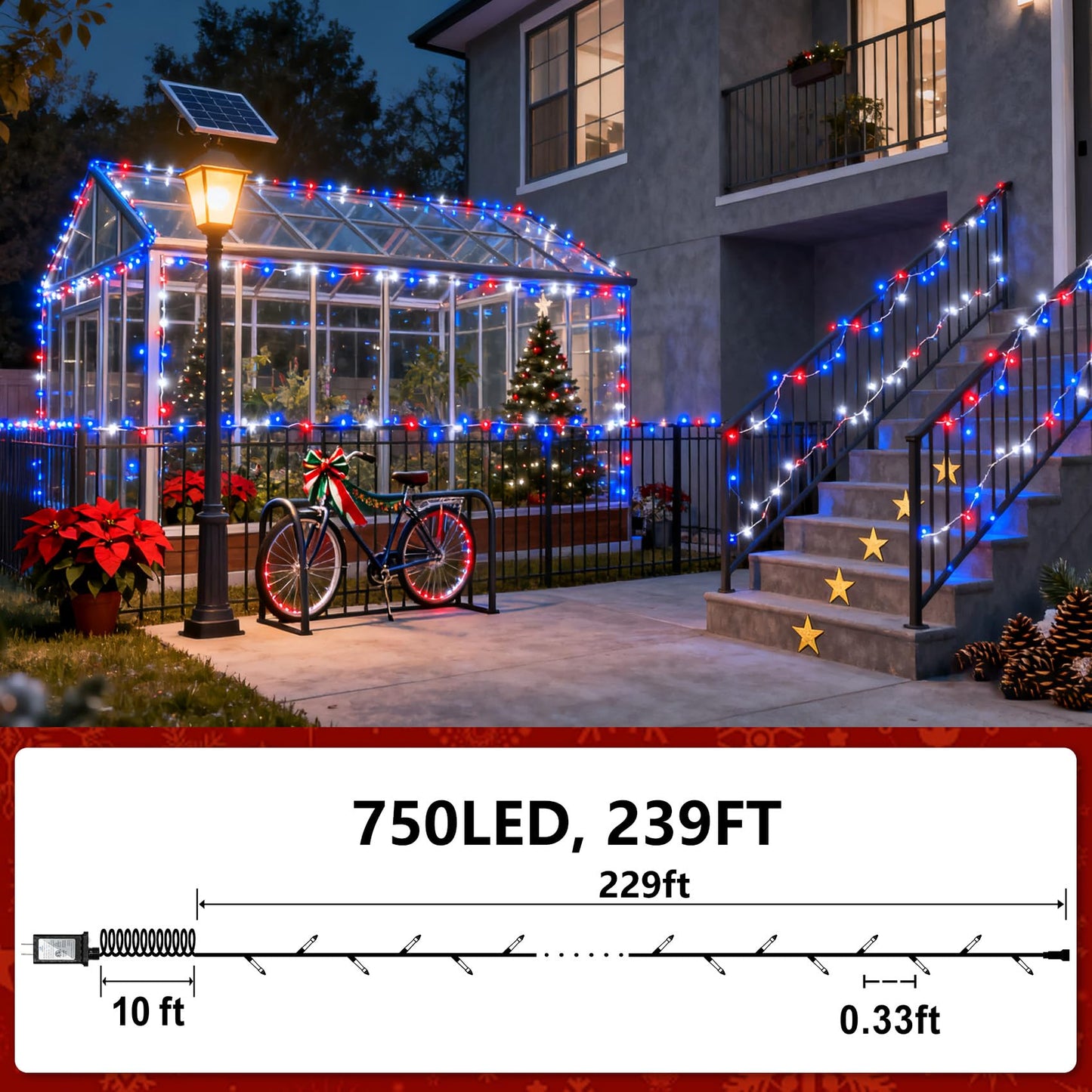 750 Led Christmas String Lights Outdoor  240Ft Twinkle Fairy Lights With Timer & Memory  12 Modes Dimmable Waterproof Tree Light For House Wedding Party Christmas Decororations  Red White & Blue