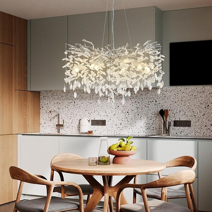 Modern Crystal Chandelier for Dining Room,Silver Tree Branch Chandeliers,Round Luxury Raindrop High Ceiling Chandelier Fixture Hanging Pendant Light Fixtures - 30 inch, 5 Year Warranty
