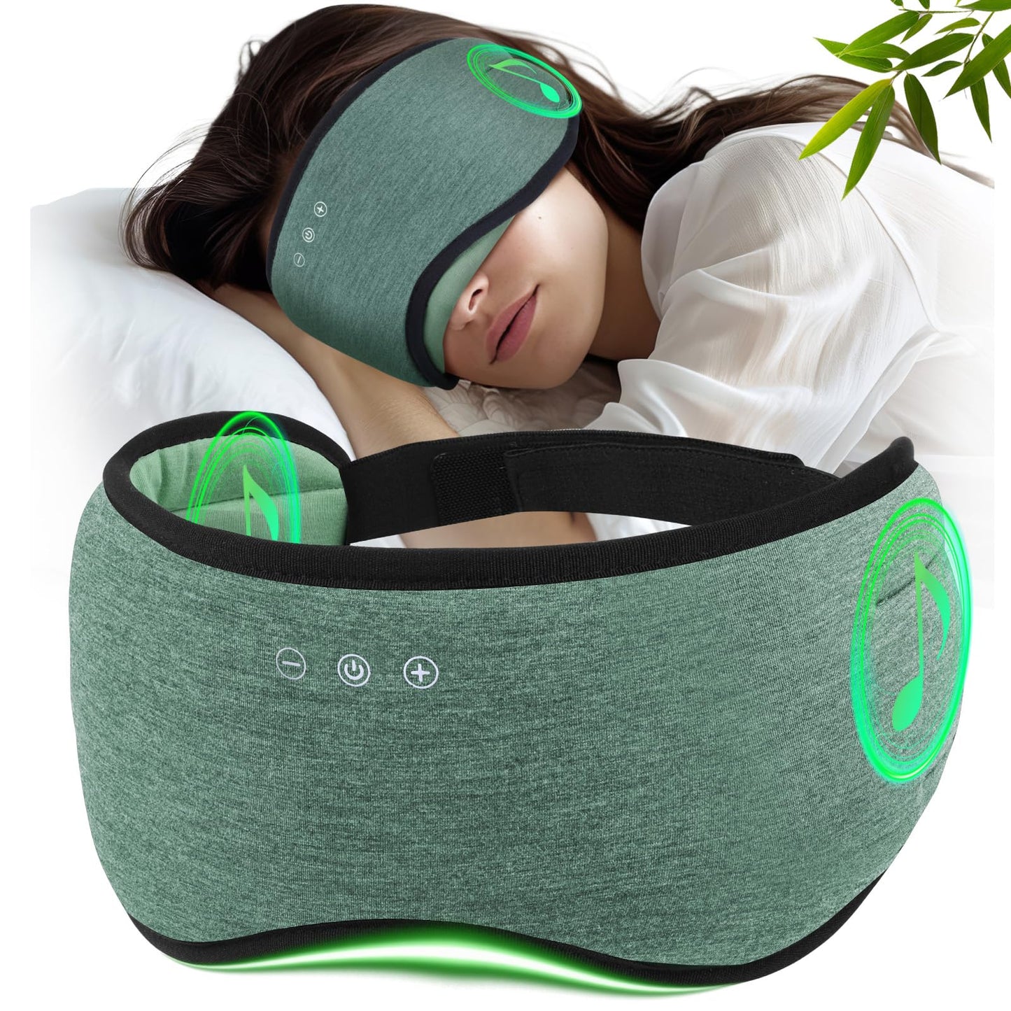 ZHENYEMEI Sleep Headphones with Bluetooth 5.4 Sleep Mask, Bamboo Cotton Music Wireless Bluetooth Eye Mask for Sleeping, Earphones HD Speaker Microphone for Travel, Gifts for Men Women, Green