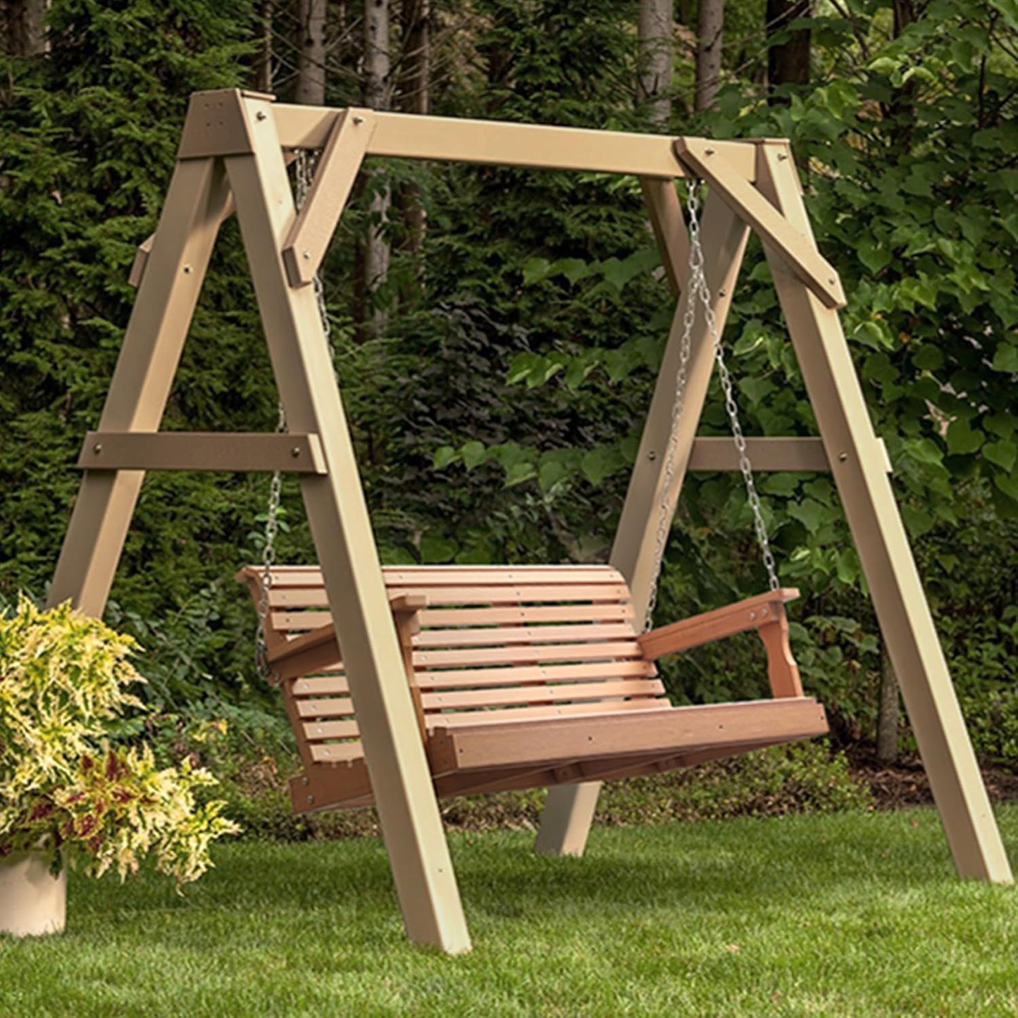 Psilvam Porch Swing, 2-Person Poly Lumber Outdoor Porch Swing, All-Weather Farmhouse Patio Swing That Never Rot and Fade, Suit for Garden, Porch and Park (51" D x 27" W x 23" H)