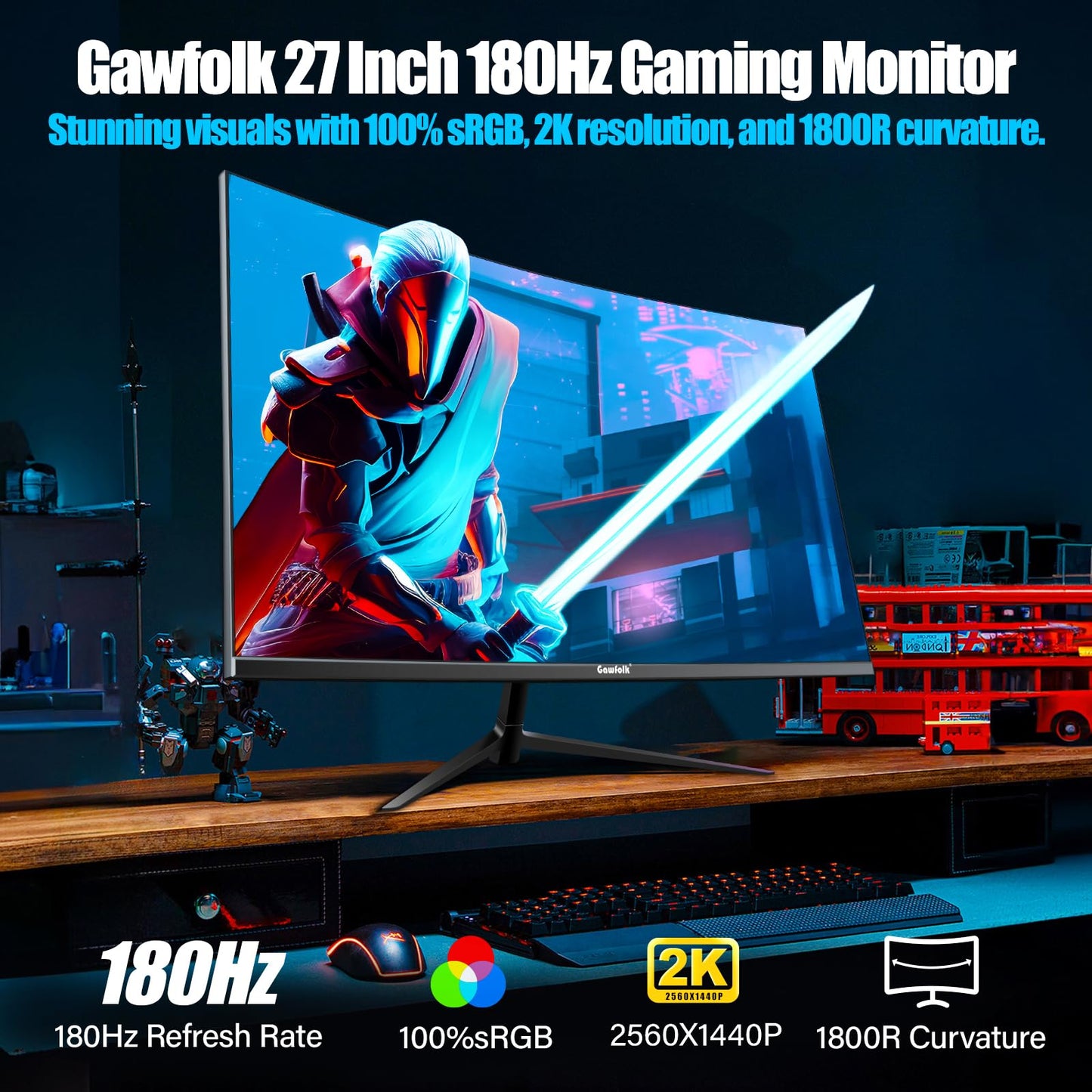 Gawfolk 27 Inch Gaming Curved Monitor, 180Hz QHD 2560x1440p PC Monitor with AMD FreeSync, Flicker-Free, HDMI 2.0, DP 1.4, Ultra-Thin Frameless 2K Computer Screen
